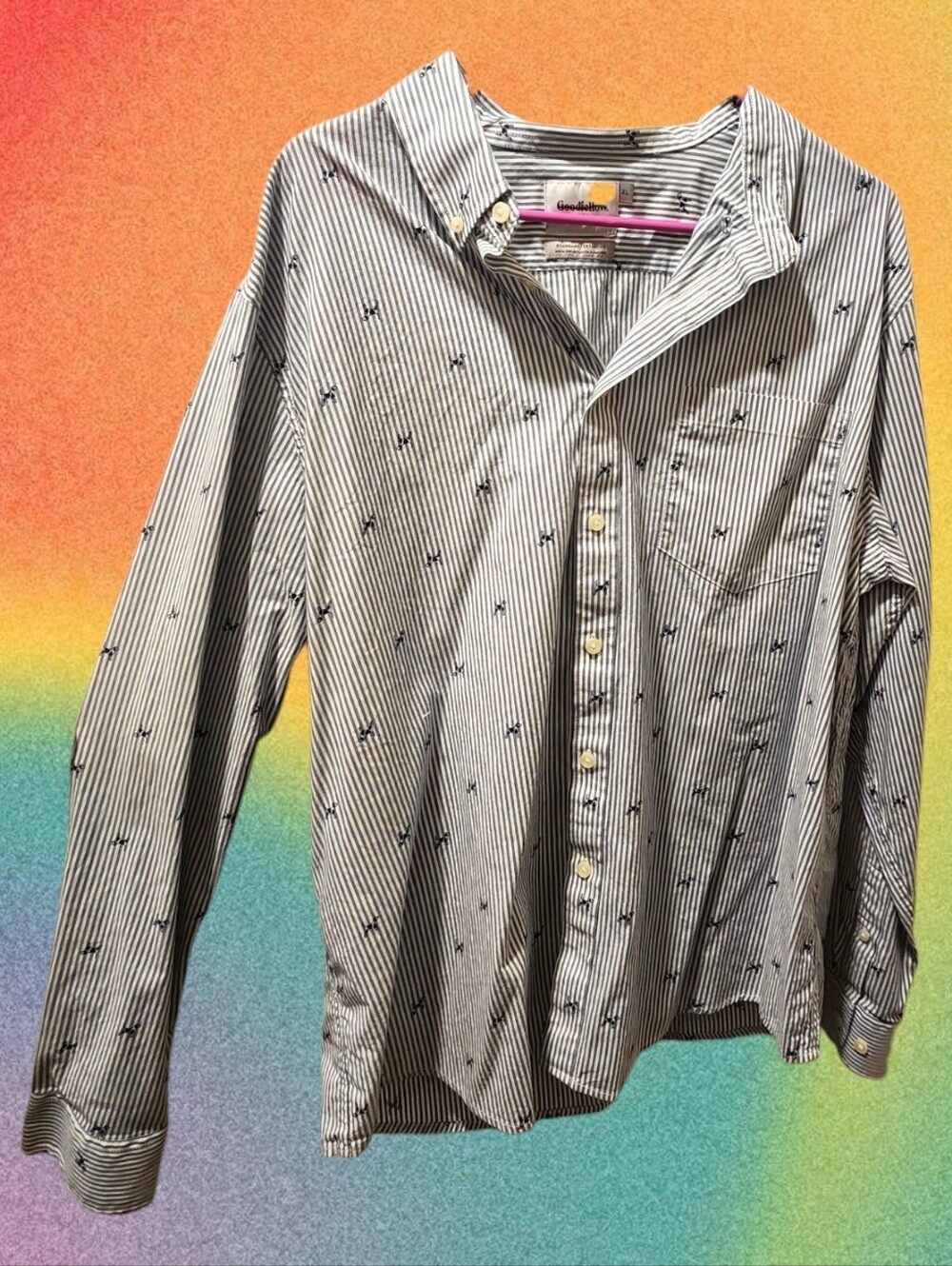 Unisex Striped Button-Up Shirt in White and Navy with Dog Pattern